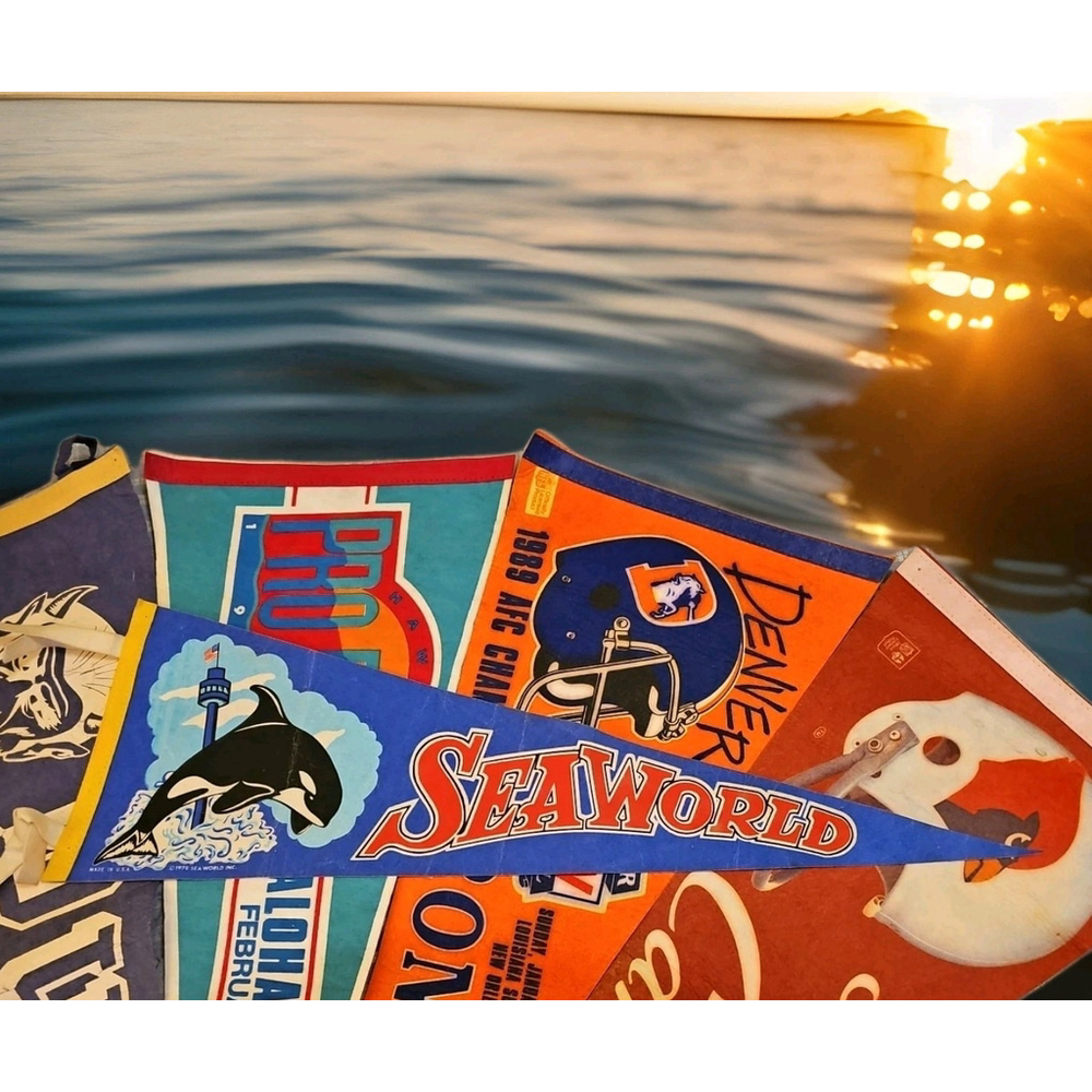 Vintage 70s 1978 Sea World Pennant Souvenir Blue Flag Whale 26 x 9" Made In USA